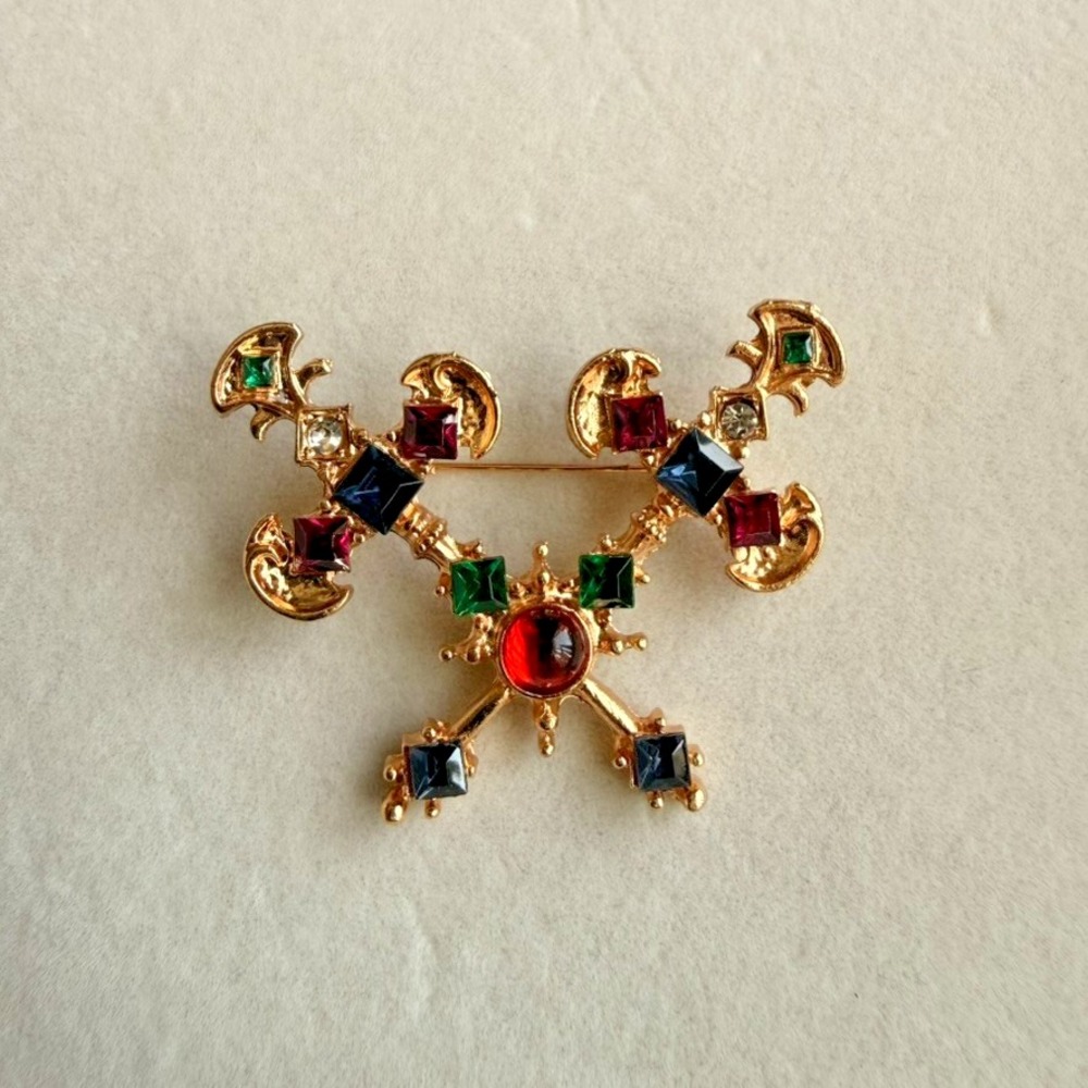 Crossed Swords Brooch Gold Tone Jeweled Rhinestone Medieval Statement Pin